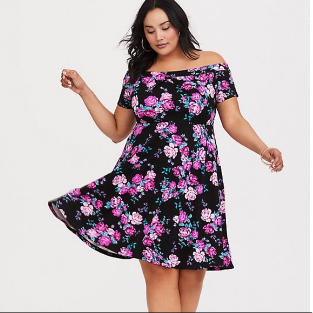 Torrid Black Floral Off the Shoulder Ponte Dress